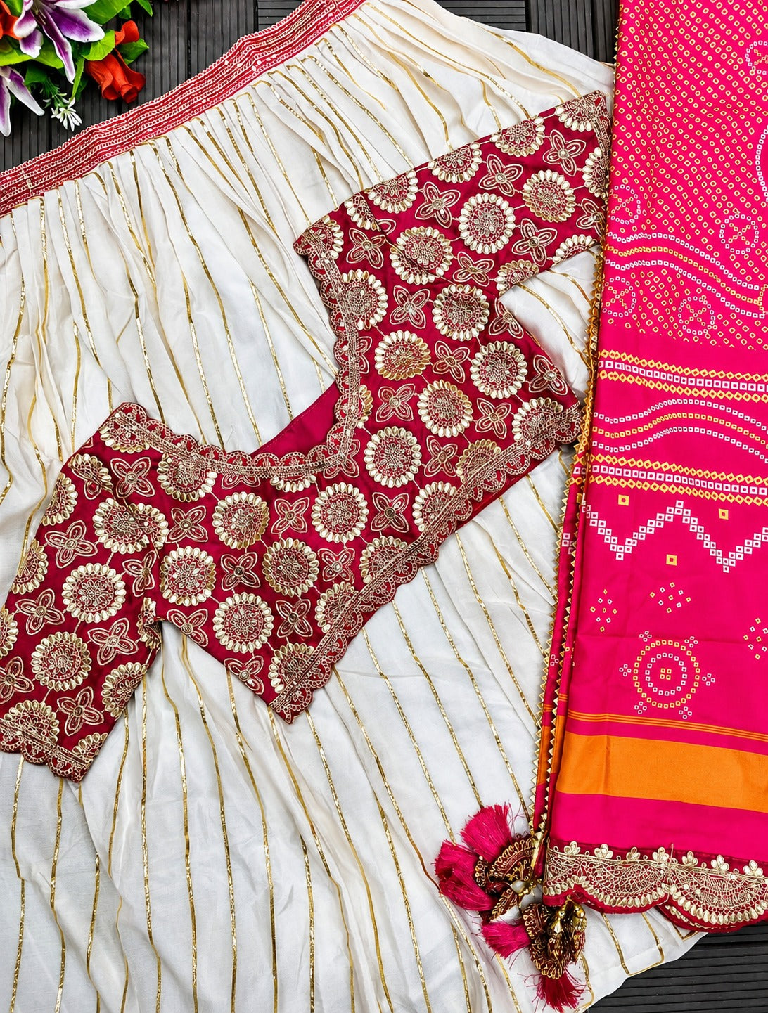 Royal Pink and Ivory Silk Lehenga Choli Set with Heavy Bandhani Dupatta