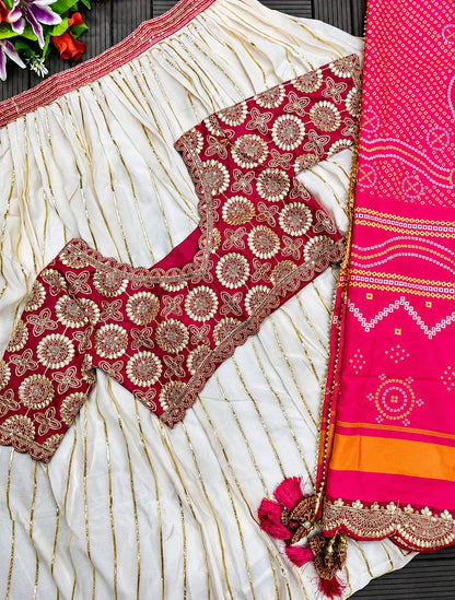 Royal Pink and Ivory Silk Lehenga Choli Set with Heavy Bandhani Dupatta