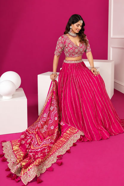 Royal Pink and Ivory Silk Lehenga Choli Set with Heavy Bandhani Dupatta