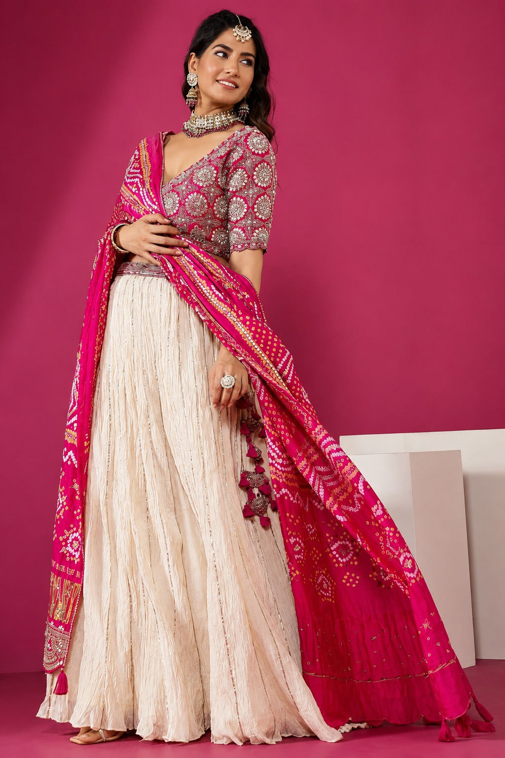 Royal Pink and Ivory Silk Lehenga Choli Set with Heavy Bandhani Dupatta