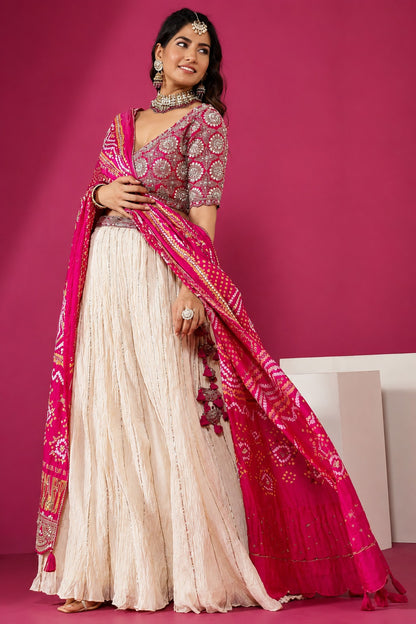 Royal Pink and Ivory Silk Lehenga Choli Set with Heavy Bandhani Dupatta