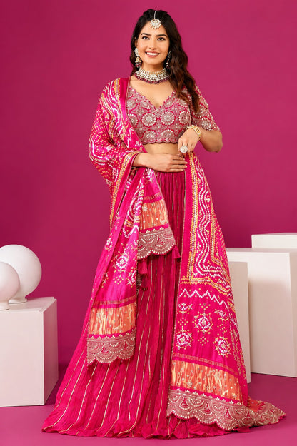 Royal Pink and Ivory Silk Lehenga Choli Set with Heavy Bandhani Dupatta