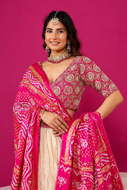 Royal Pink and Ivory Silk Lehenga Choli Set with Heavy Bandhani Dupatta