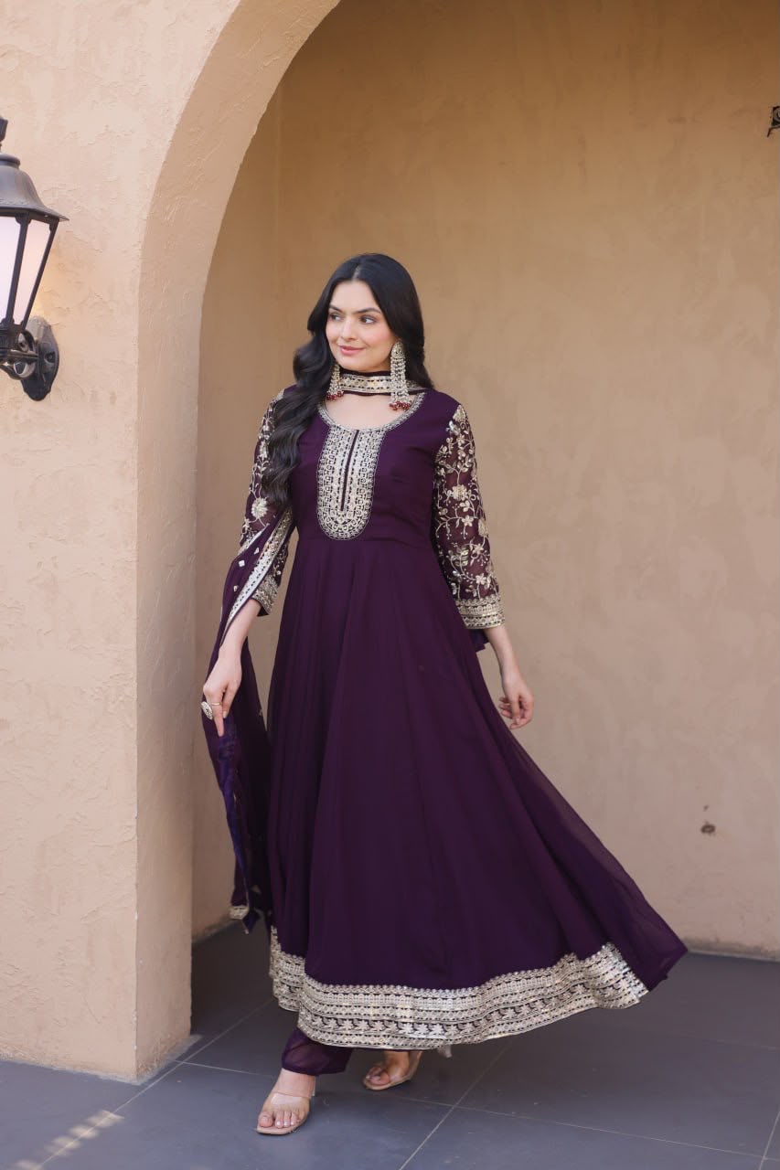 Premium wine color heavy flared designer Anarkali suit with gold embroidery work by Fab Craft Studio