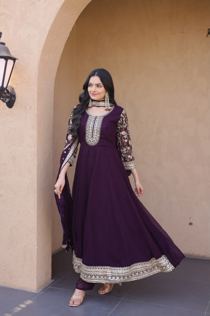 Premium wine color heavy flared designer Anarkali suit with gold embroidery work by Fab Craft Studio