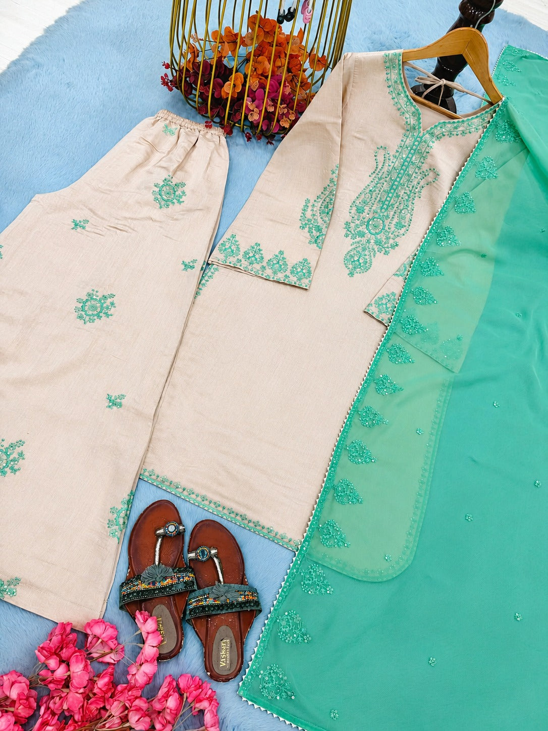 Elegant Beige Cotton Chanderi Kurta Set with Mint Green Organza Dupatta & Embroidered Palazzos