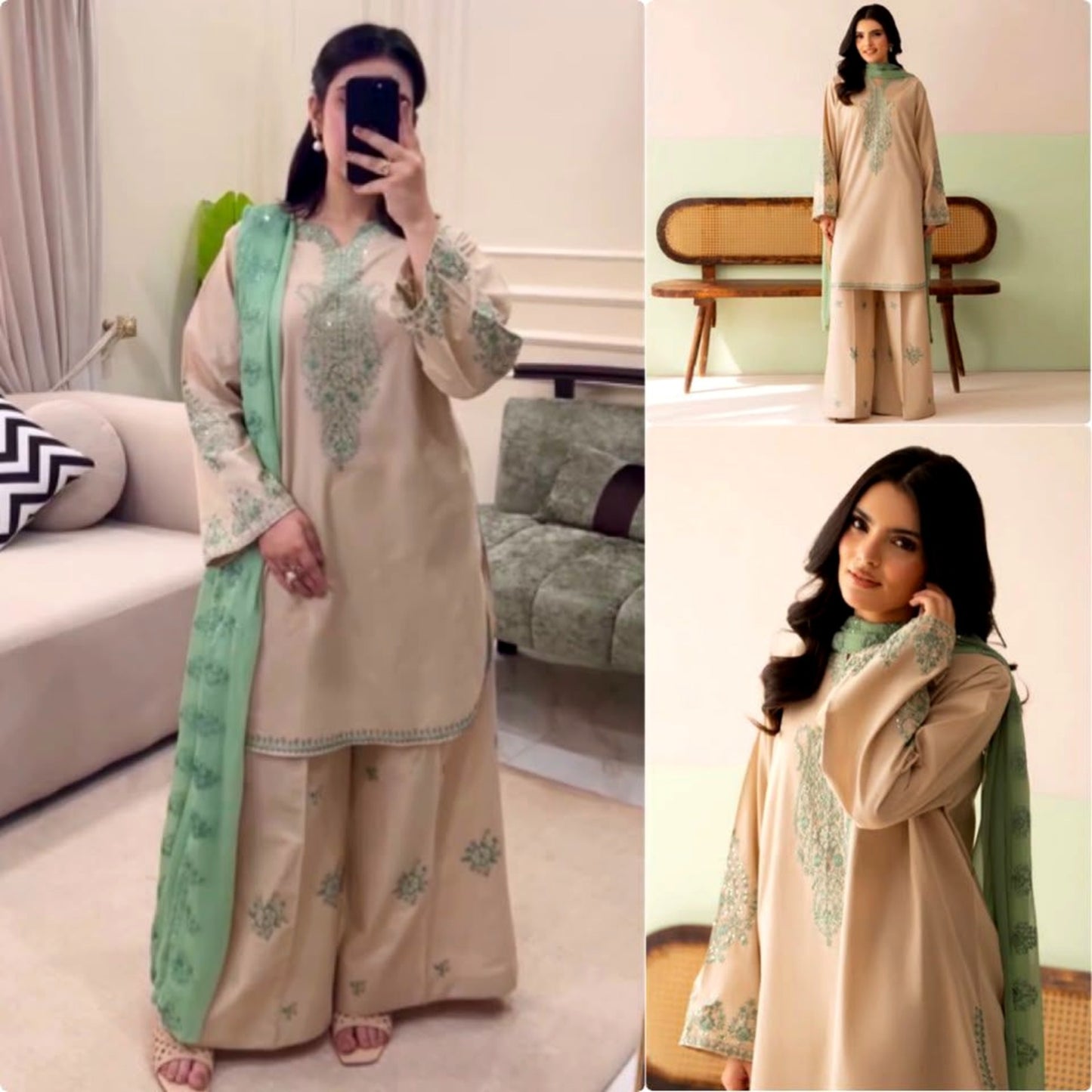 Elegant Beige Cotton Chanderi Kurta Set with Mint Green Organza Dupatta & Embroidered Palazzos