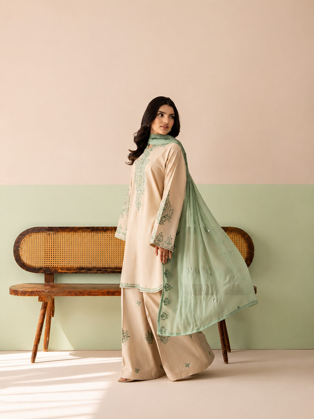 Elegant Beige Cotton Chanderi Kurta Set with Mint Green Organza Dupatta & Embroidered Palazzos