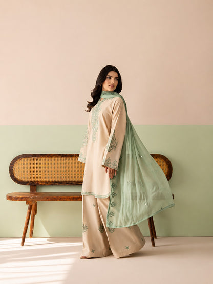 Elegant Beige Cotton Chanderi Kurta Set with Mint Green Organza Dupatta & Embroidered Palazzos