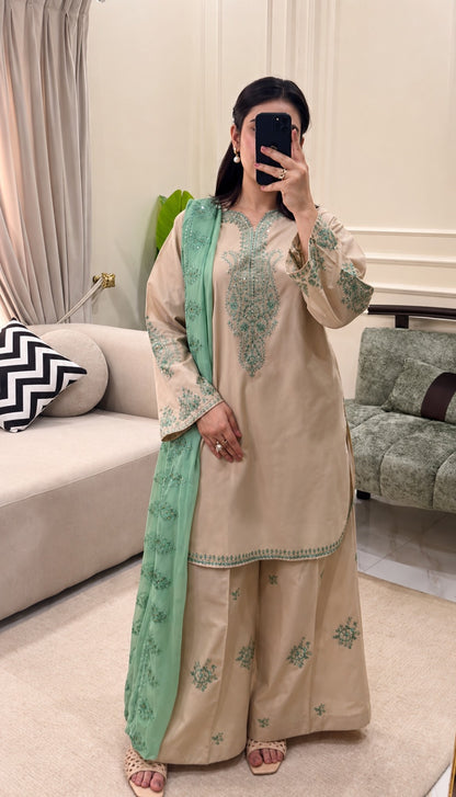 Elegant Beige Cotton Chanderi Kurta Set with Mint Green Organza Dupatta & Embroidered Palazzos