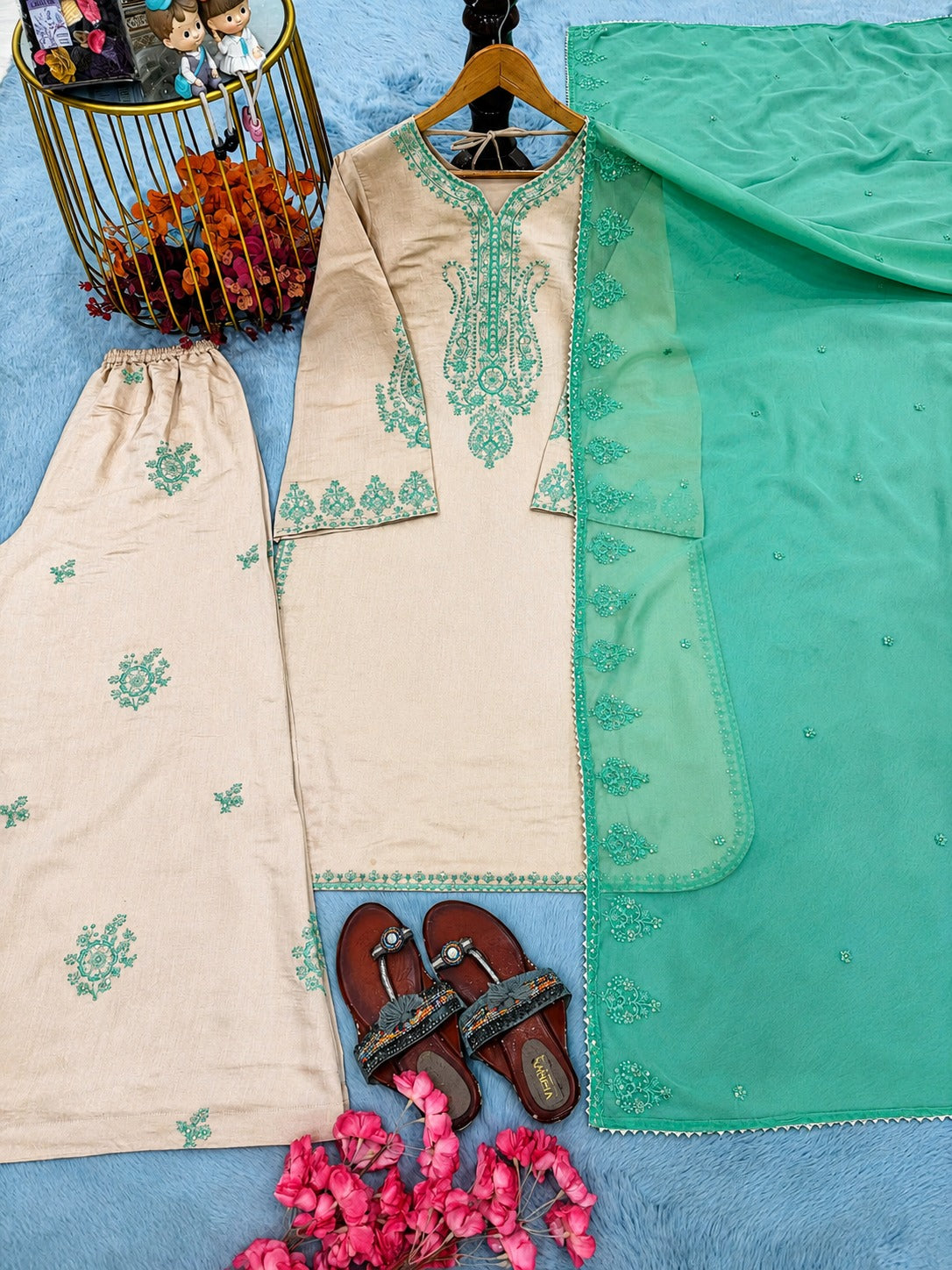 Elegant Beige Cotton Chanderi Kurta Set with Mint Green Organza Dupatta & Embroidered Palazzos