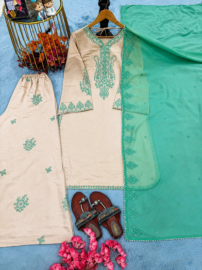 Elegant Beige Cotton Chanderi Kurta Set with Mint Green Organza Dupatta & Embroidered Palazzos