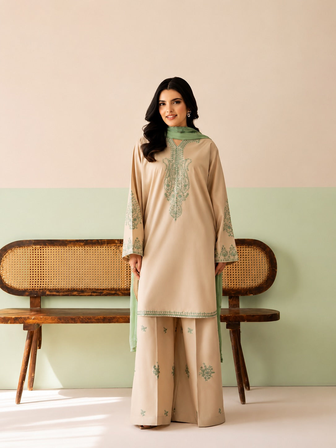Elegant Beige Cotton Chanderi Kurta Set with Mint Green Organza Dupatta & Embroidered Palazzos