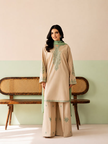 Elegant Beige Cotton Chanderi Kurta Set with Mint Green Organza Dupatta & Embroidered Palazzos