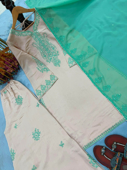 Elegant Beige Cotton Chanderi Kurta Set with Mint Green Organza Dupatta & Embroidered Palazzos