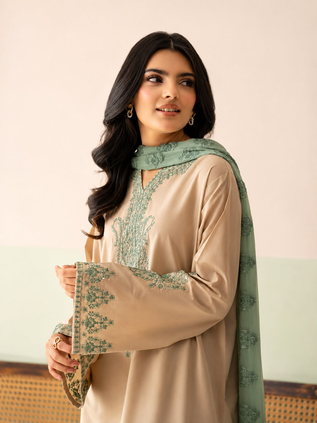 Elegant Beige Cotton Chanderi Kurta Set with Mint Green Organza Dupatta & Embroidered Palazzos