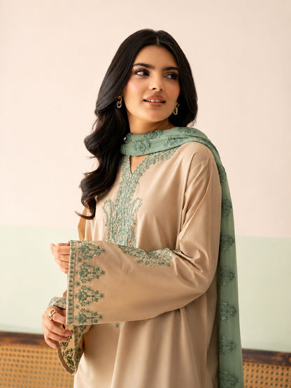 Elegant Beige Cotton Chanderi Kurta Set with Mint Green Organza Dupatta & Embroidered Palazzos