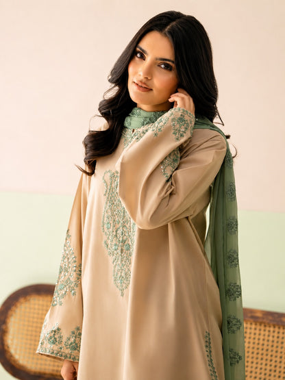 Elegant Beige Cotton Chanderi Kurta Set with Mint Green Organza Dupatta & Embroidered Palazzos
