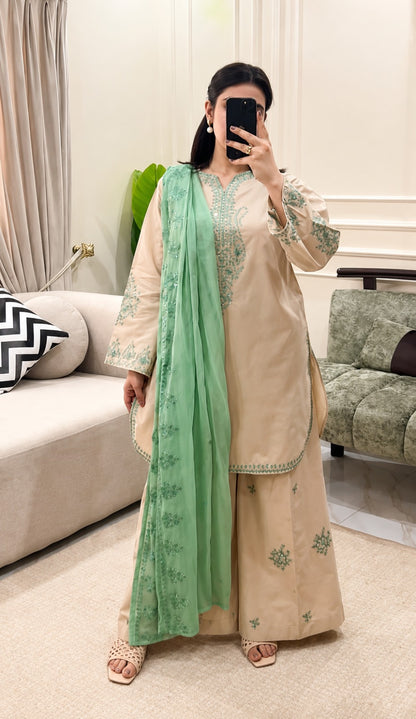 Elegant Beige Cotton Chanderi Kurta Set with Mint Green Organza Dupatta & Embroidered Palazzos