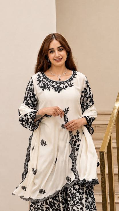 Classic White and Black Embroidered Sharara Suit Set with Scalloped Dupatta