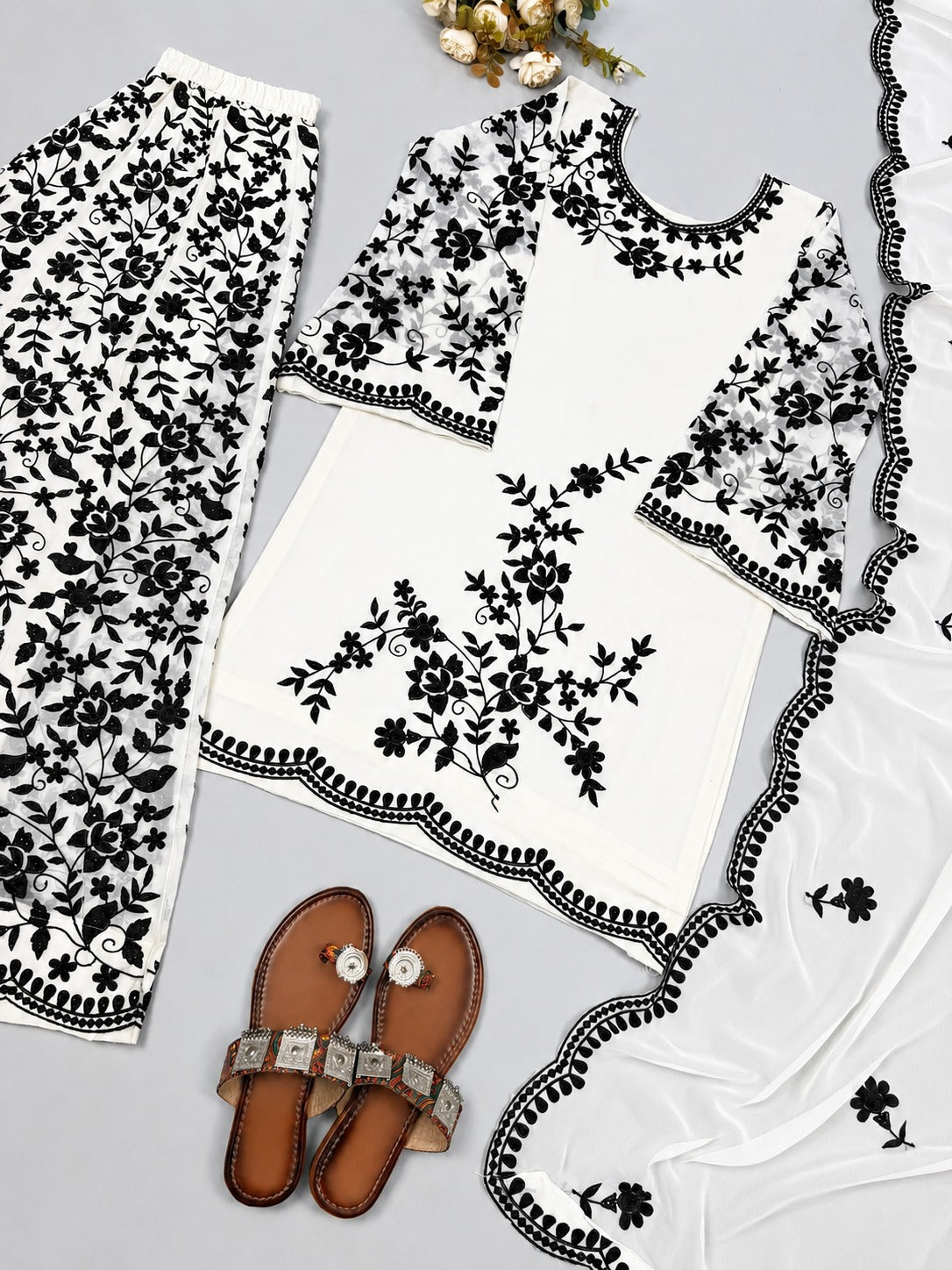 Classic White and Black Embroidered Sharara Suit Set with Scalloped Dupatta