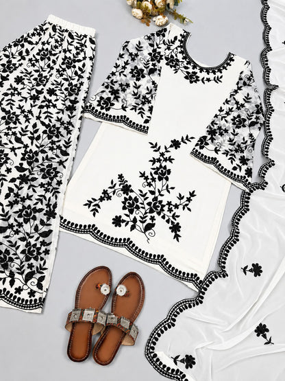 Classic White and Black Embroidered Sharara Suit Set with Scalloped Dupatta