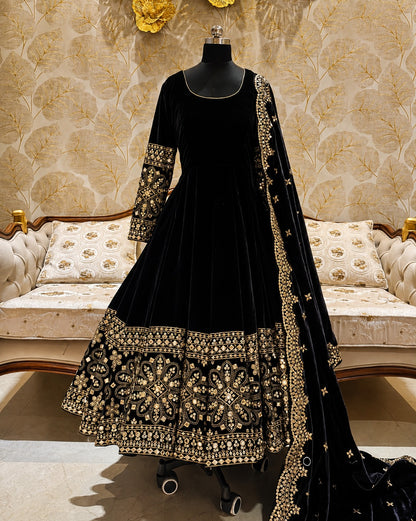 Festive Heavy Flared Georgette Anarkali Suit Set with Embroidered Dupatta