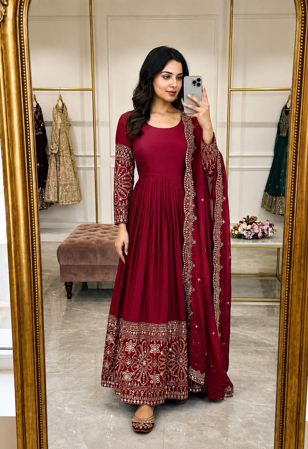 Festive Heavy Flared Georgette Anarkali Suit Set with Embroidered Dupatta