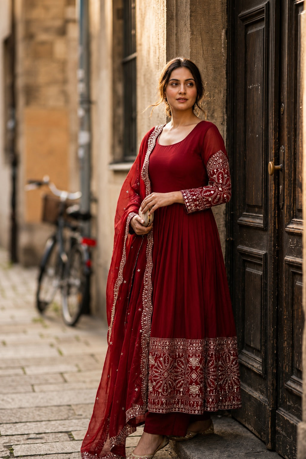 Festive Heavy Flared Georgette Anarkali Suit Set with Embroidered Dupatta