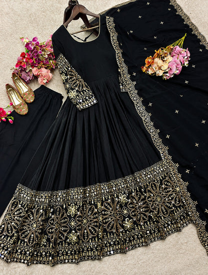 Festive Heavy Flared Georgette Anarkali Suit Set with Embroidered Dupatta