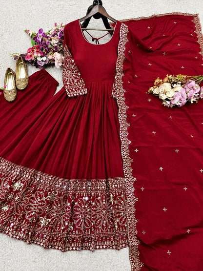 Festive Heavy Flared Georgette Anarkali Suit Set with Embroidered Dupatta