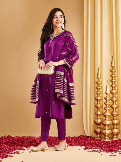Royal Deep Purple Silk Straight Kurta Pant Set with Striped Dupatta