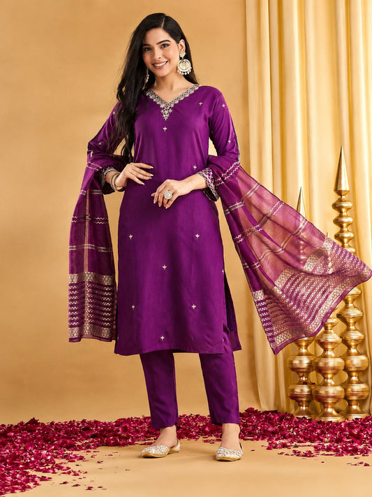 Royal Deep Purple Silk Straight Kurta Pant Set with Striped Dupatta
