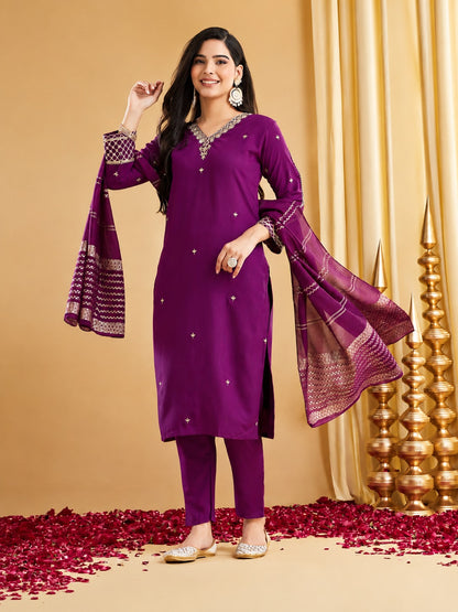 Royal Deep Purple Silk Straight Kurta Pant Set with Striped Dupatta