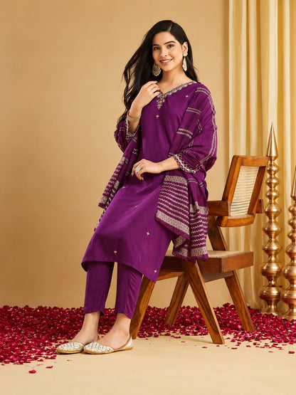 Royal Deep Purple Silk Straight Kurta Pant Set with Striped Dupatta
