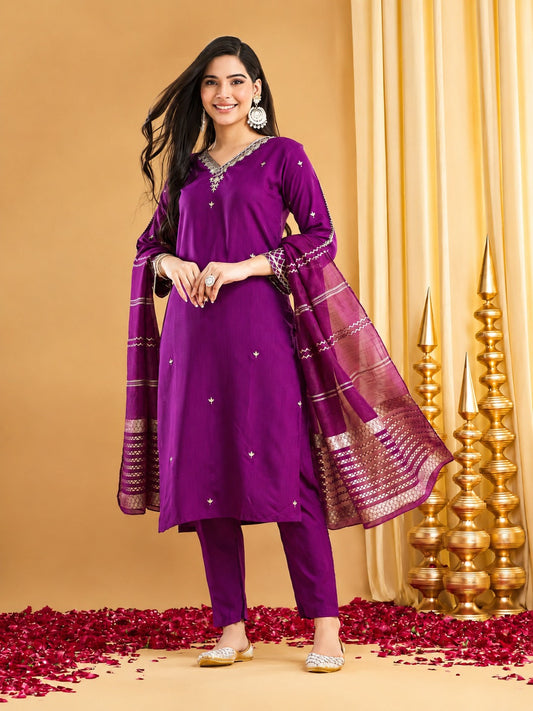 Royal Deep Purple Silk Straight Kurta Pant Set with Striped Dupatta