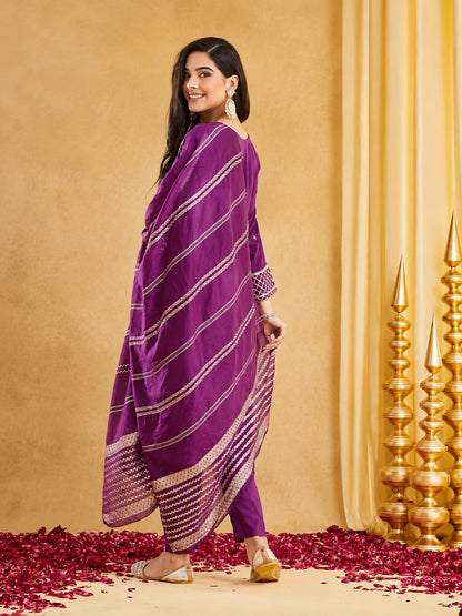 Royal Deep Purple Silk Straight Kurta Pant Set with Striped Dupatta