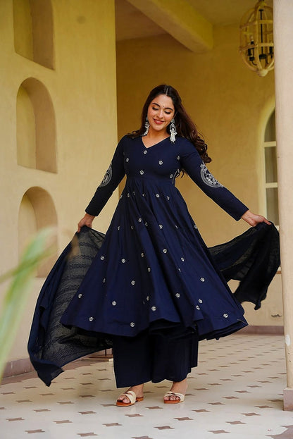 Royal Navy Blue Embroidered Anarkali Kurta Pant Set with Dupatta
