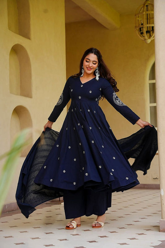 Royal Navy Blue Embroidered Anarkali Kurta Pant Set with Dupatta