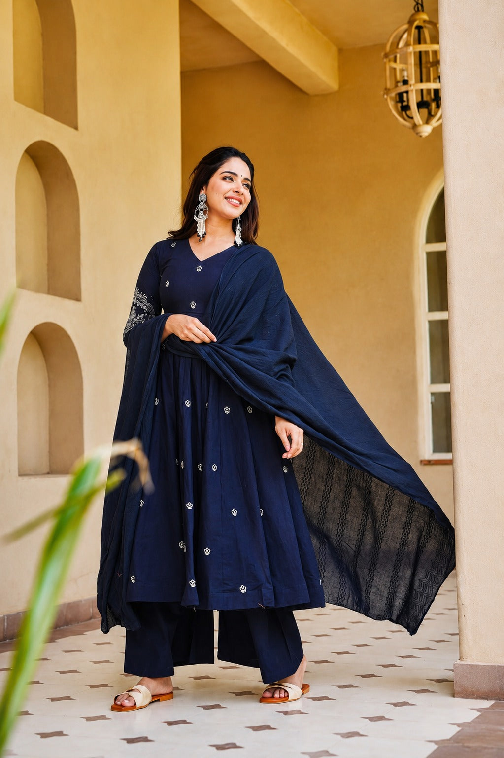 Royal Navy Blue Embroidered Anarkali Kurta Pant Set with Dupatta