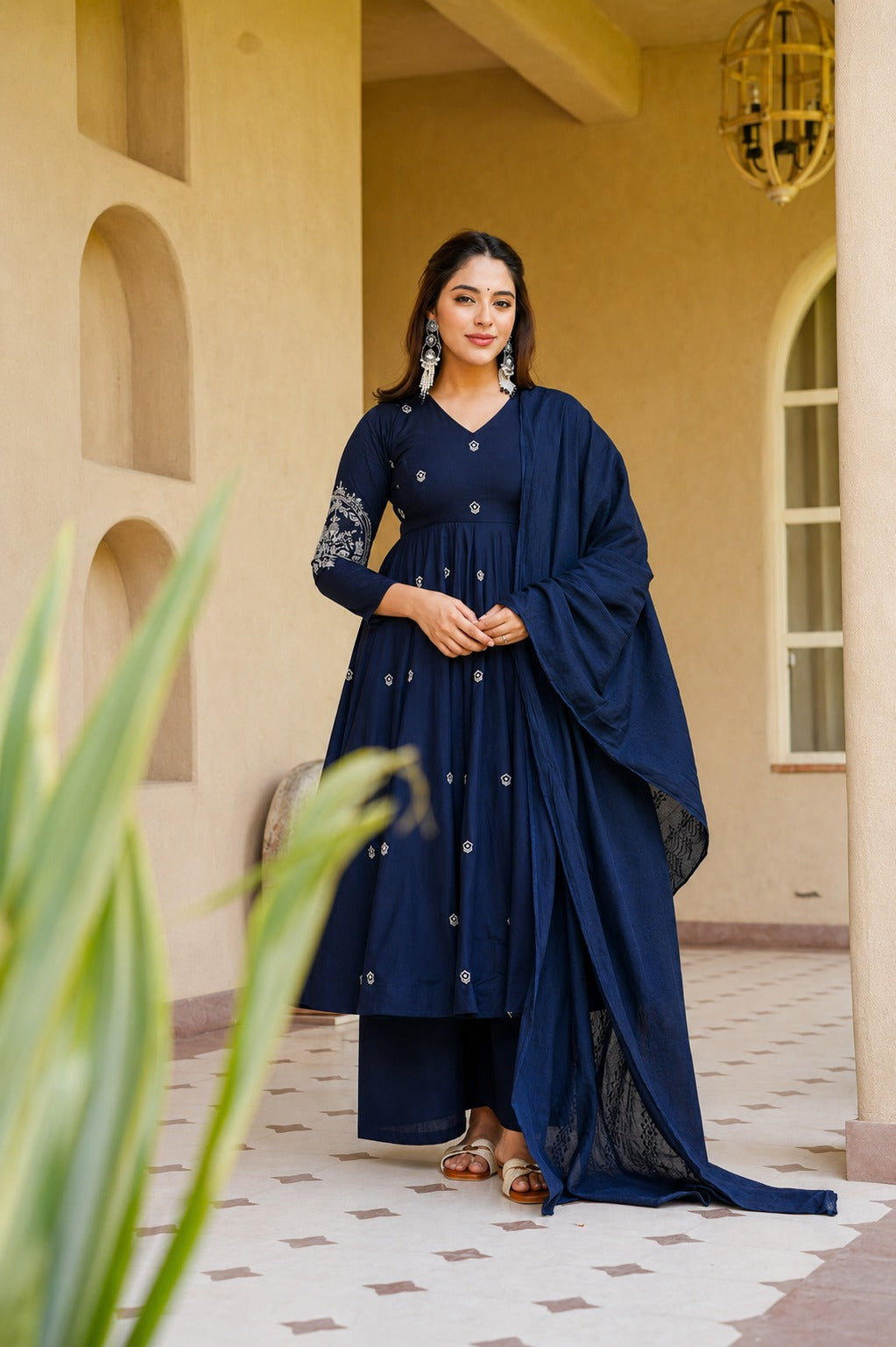 Royal Navy Blue Embroidered Anarkali Kurta Pant Set with Dupatta