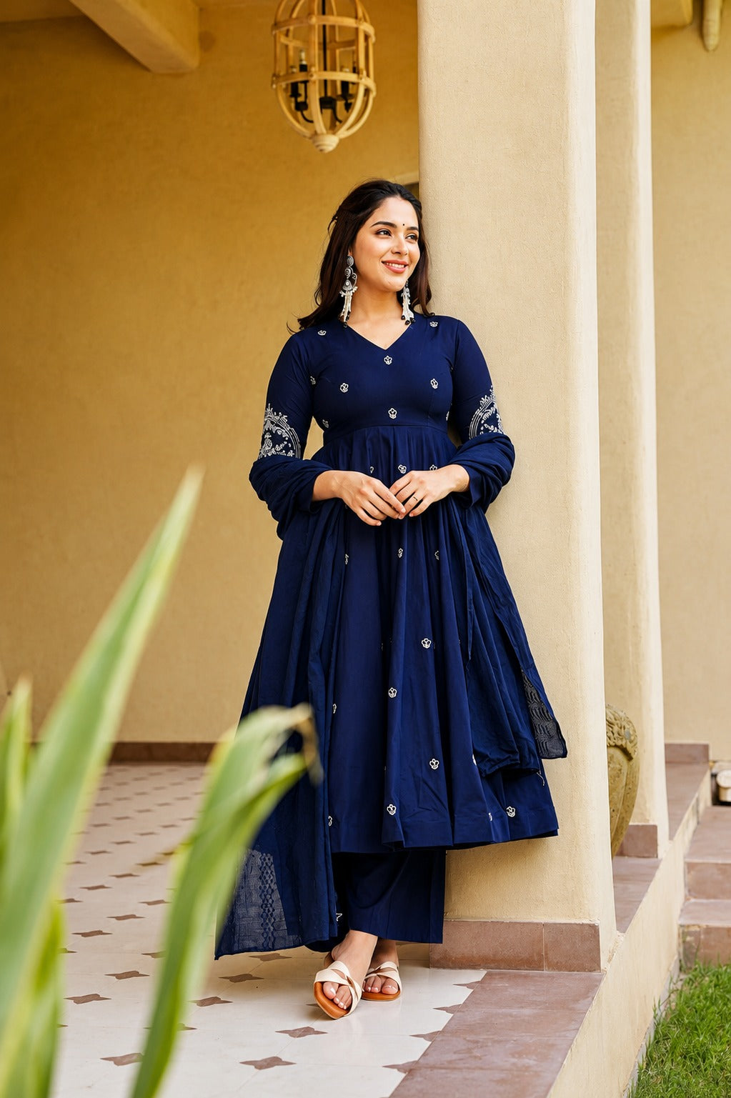 Royal Navy Blue Embroidered Anarkali Kurta Pant Set with Dupatta