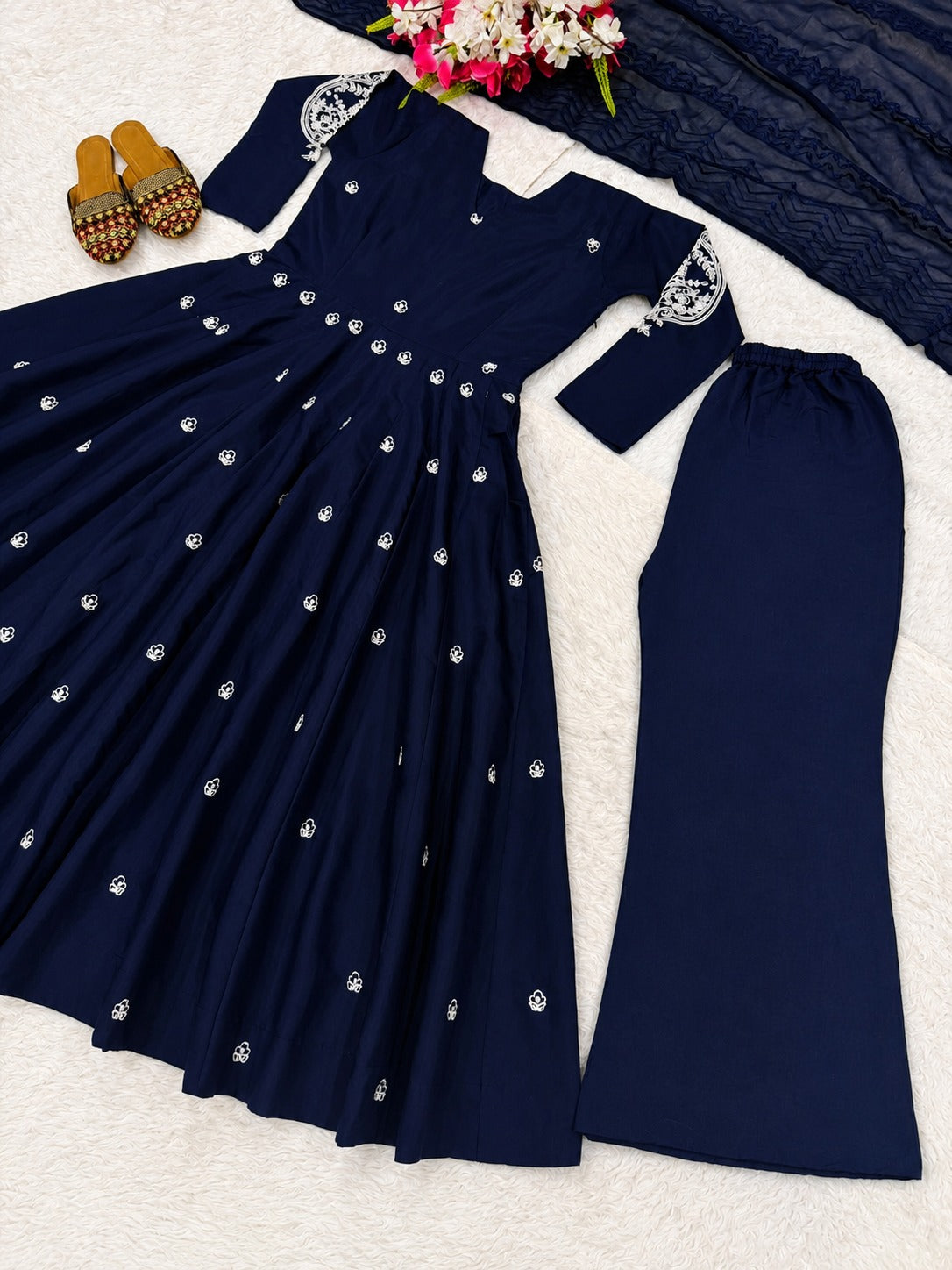 Royal Navy Blue Embroidered Anarkali Kurta Pant Set with Dupatta