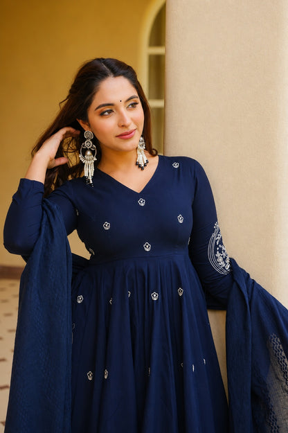 Royal Navy Blue Embroidered Anarkali Kurta Pant Set with Dupatta