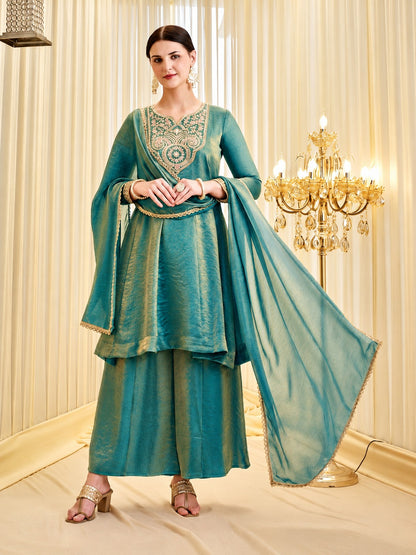 Premium Tissue Shimmer Short Anarkali Suit Set with Palazzo & Dupatta