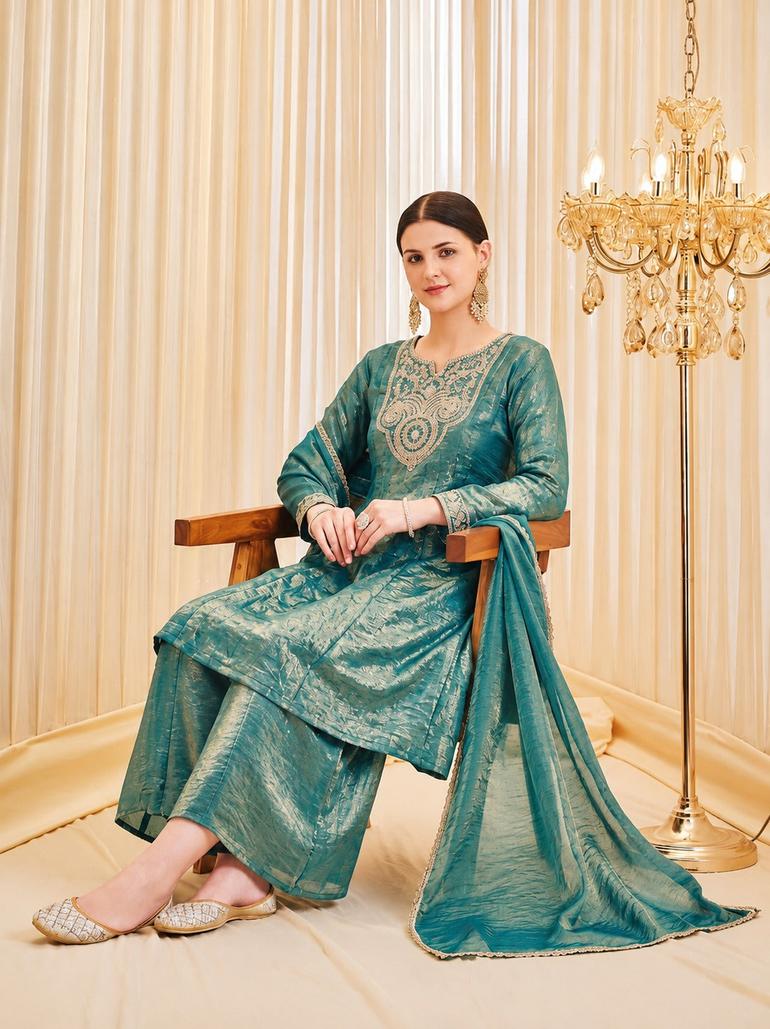 Premium Tissue Shimmer Short Anarkali Suit Set with Palazzo & Dupatta