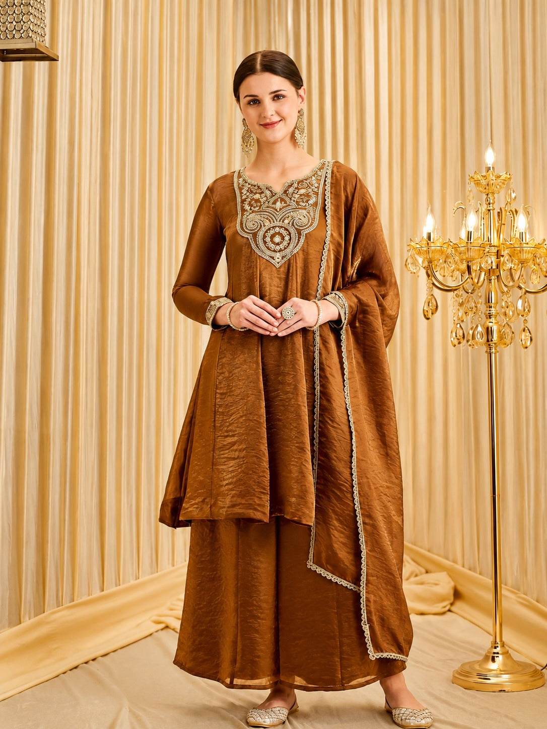 Premium Tissue Shimmer Short Anarkali Suit Set with Palazzo & Dupatta