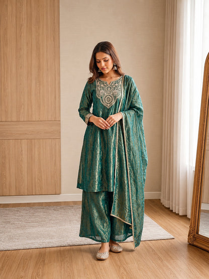 Premium Tissue Shimmer Short Anarkali Suit Set with Palazzo & Dupatta