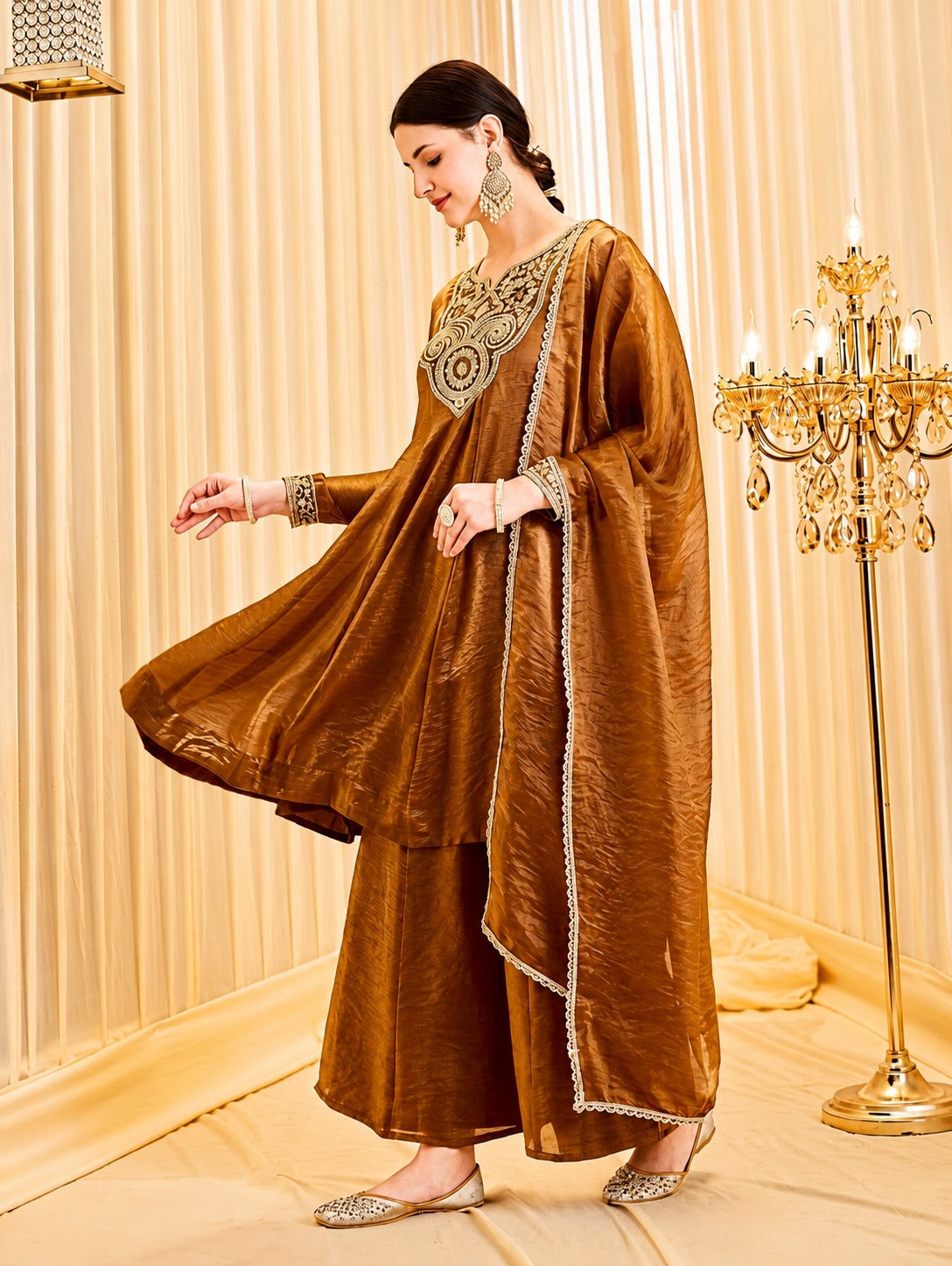 Premium Tissue Shimmer Short Anarkali Suit Set with Palazzo & Dupatta