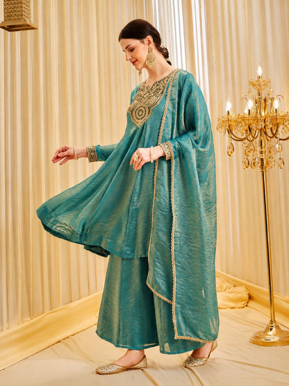 Premium Tissue Shimmer Short Anarkali Suit Set with Palazzo & Dupatta